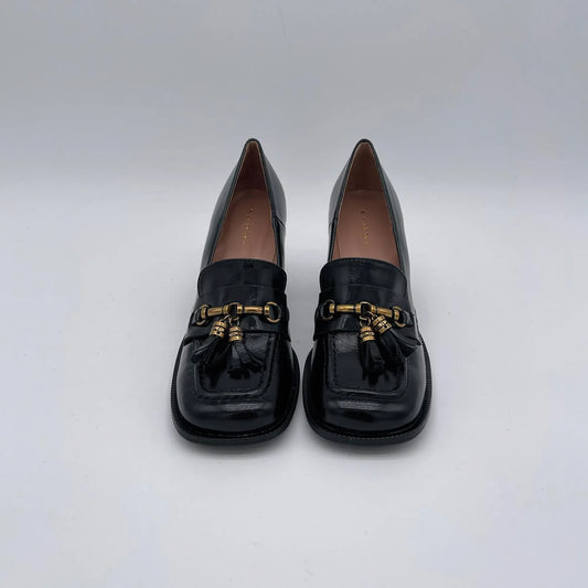 Mocassino tacco con nappine - nero naplack